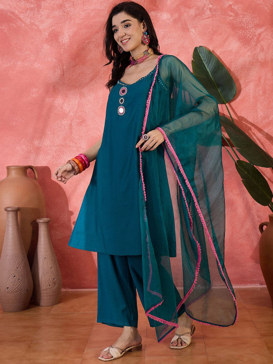 Sangria Women Embroidered Mirror Work Shoulder Straps With Trouser & Dupatta