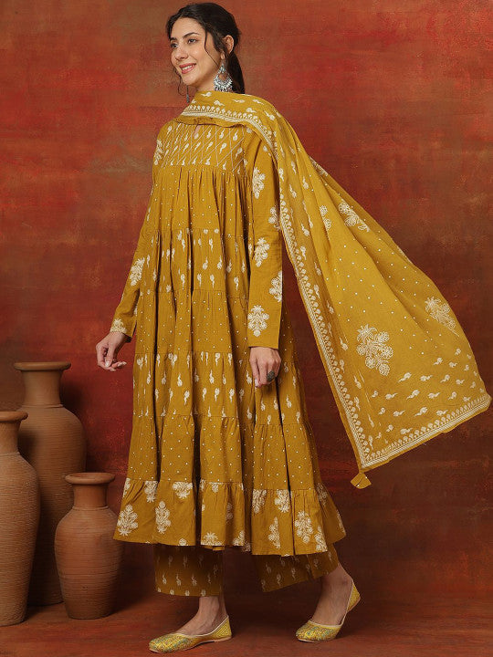 Sangria Printed Pure Cotton Key Hole-Neck Anarkali Kurta & Trousers With Dupatta