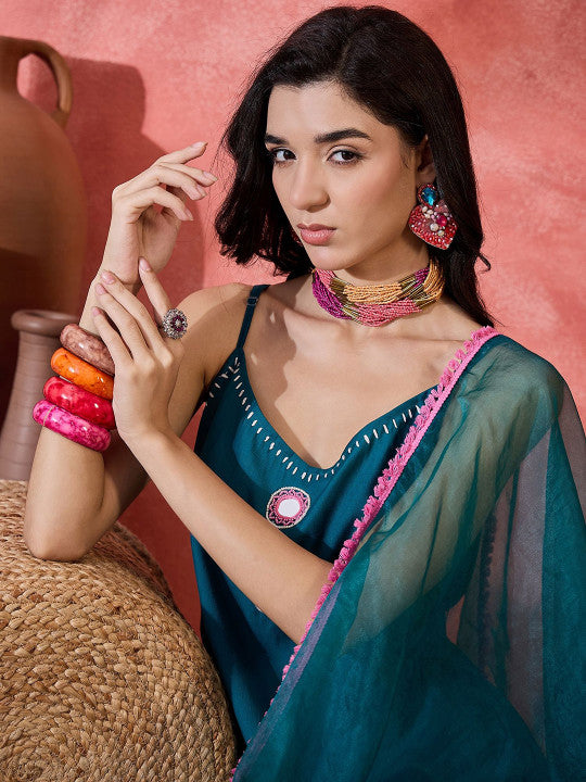 Sangria Women Embroidered Mirror Work Shoulder Straps With Trouser & Dupatta