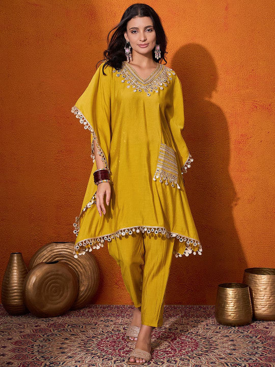 Sangria V-Neck Short Sleeves Regular Mirror Work A-Line Kaftan With Trouser