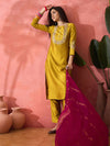 Sangria Yellow Zari Embroidered Straight Kurta With Trouser And Dupatta