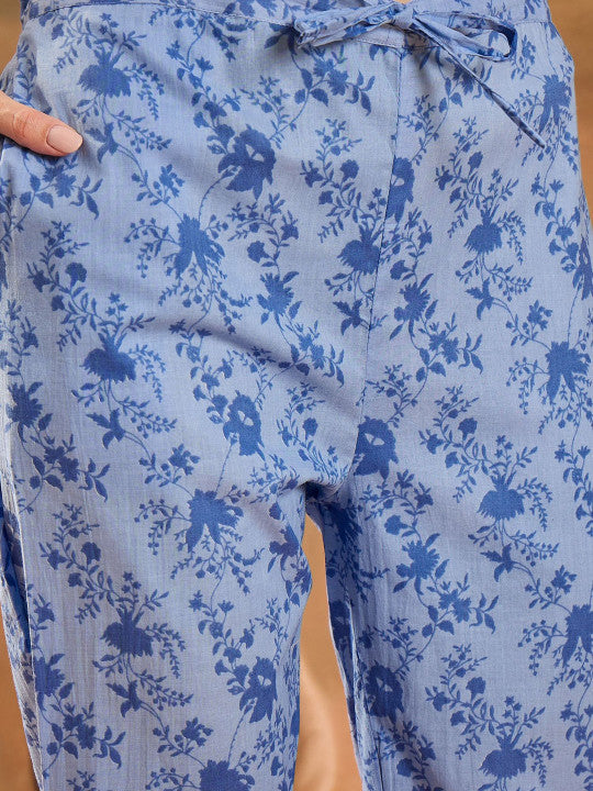 Sangria Floral Printed Notch Neck Pure Cotton Straight Kurta With Trousers & Dupatta