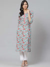 PIROH Womens Cotton Cambric Printed and Embroidered Straight Kurta Blue and Red