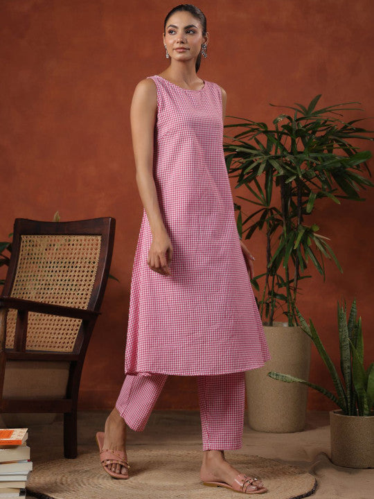 anayna Checked Round Neck Sleeveless Pure Cotton A-Line Kurta With Trousers