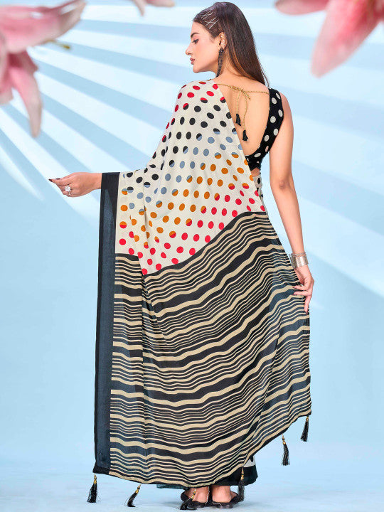 Polka Dot Satin Ready To Wear Saree With Blouse Piece