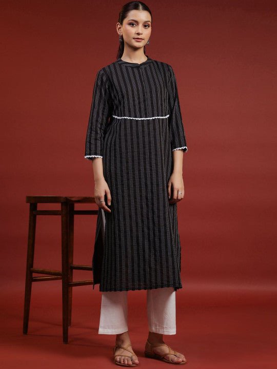 anayna Women Striped Thread Work Kurta