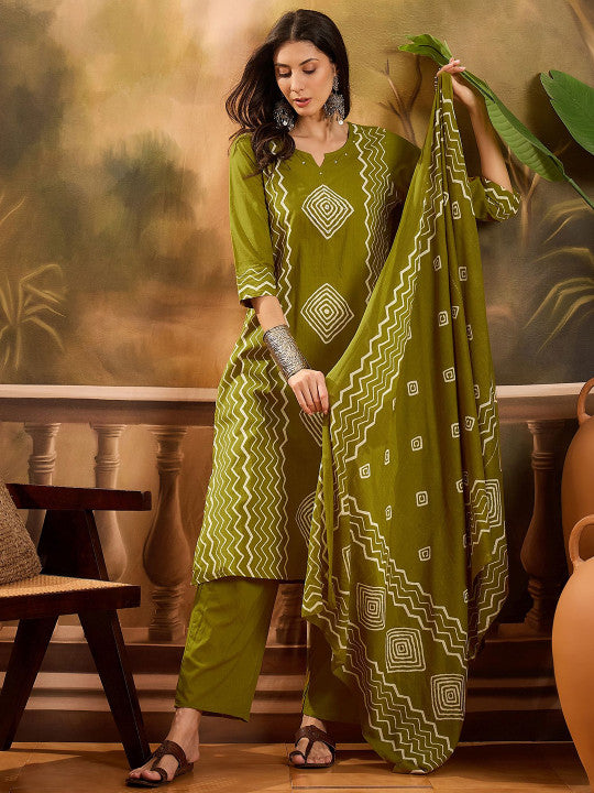 Sangria Women Geometric Printed Cotton Kurta with Trousers & Dupatta