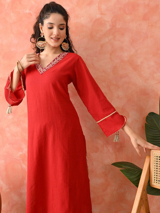 Women Floral Embroidered Cotton Kurta with Palazzo