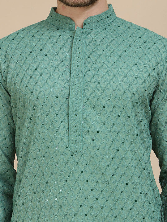 Anouk Men Embroidered Woven Design Mandarin Collar Knee Length Kurta