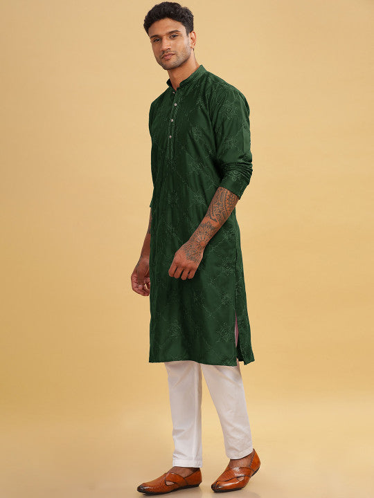 Anouk Green Ethnic Motifs Embroidered Band Collar Thread Work Cotton Straight Kurta
