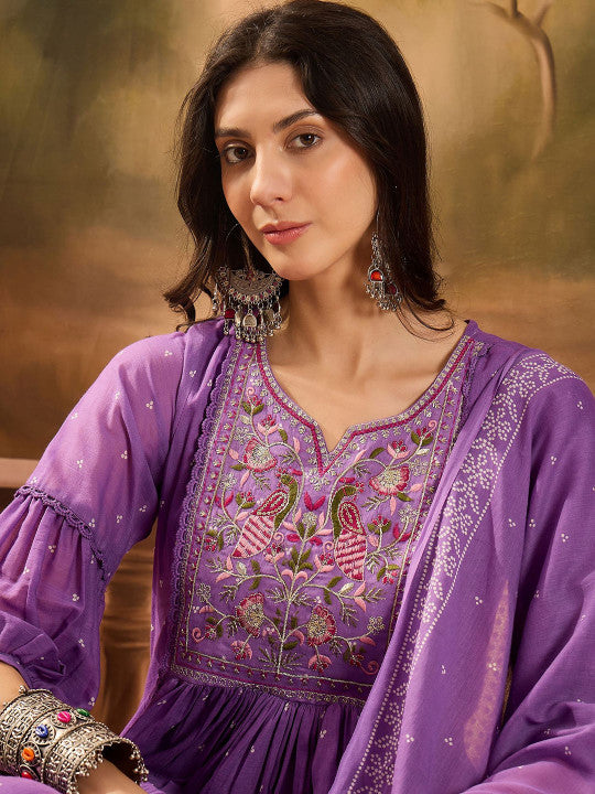 Sangria Women Thread Embroidered Pure Cotton Anarkali Kurta With Trousers & Dupatta