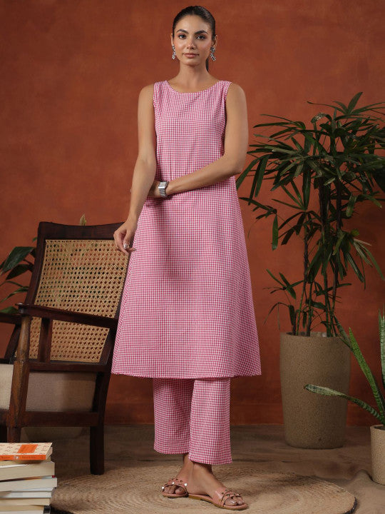 anayna Checked Round Neck Sleeveless Pure Cotton A-Line Kurta With Trousers