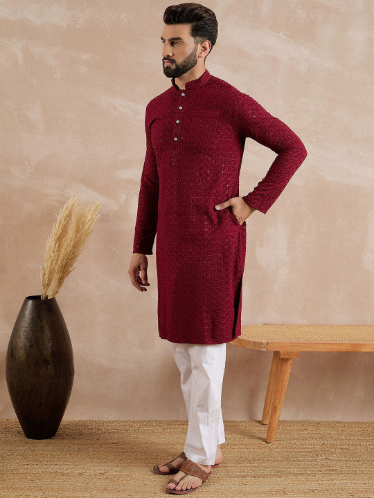 Anouk Geometric Embroidered Mandarin Collar Sequinned Straight Kurta