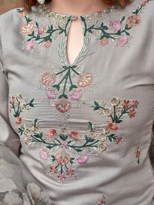 Tikhi Imli Silver Floral Embroidered Thread Work Straight Kurta With Patiala & Dupatta