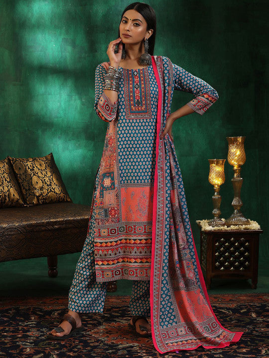 Libas Floral Printed Regular Mirror Work Linen Straight Kurta with Trousers & Dupatta