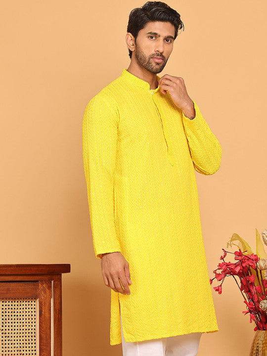 Yellow Geometric Embroidered Mandarin Collar Sequinned Straight Kurta