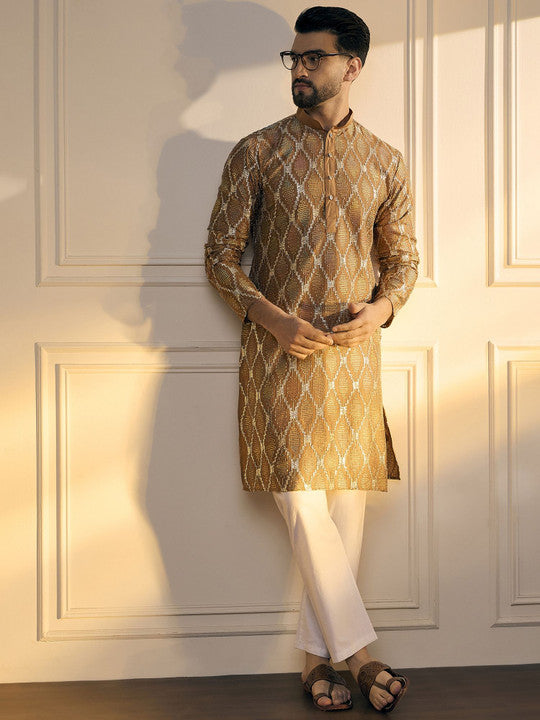 Anouk Brown Geometric Embroidered Gotta Patti Pure Cotton Straight Kurta
