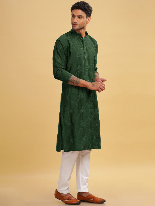 Anouk Green Ethnic Motifs Embroidered Band Collar Thread Work Cotton Straight Kurta