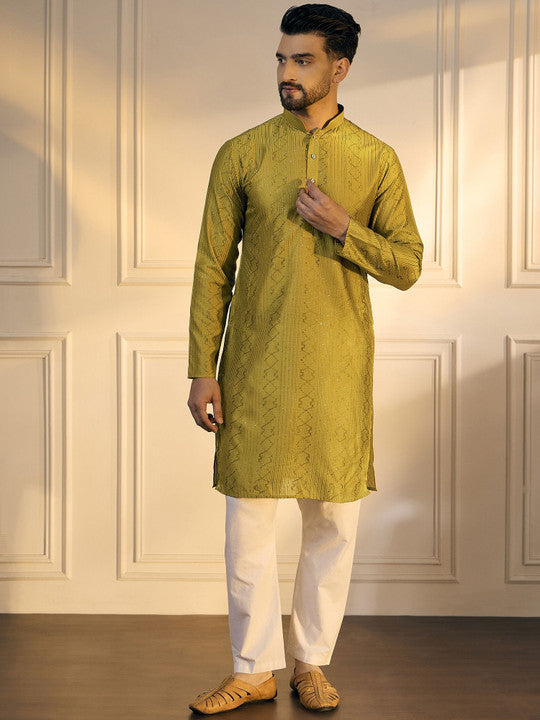 Mustard Geometric Embroidered Mandarin Collar Pure Cotton Straight Kurta