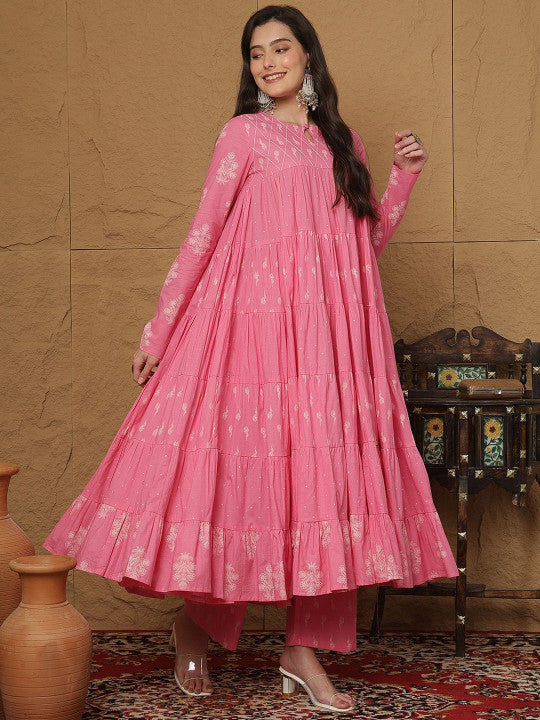 Sangria Floral Embroidered Empire Anarkali Pure Cotton Kurta & Palazzo With Dupatta
