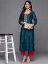 Libas Teal Embroidered Silk Straight Kurta