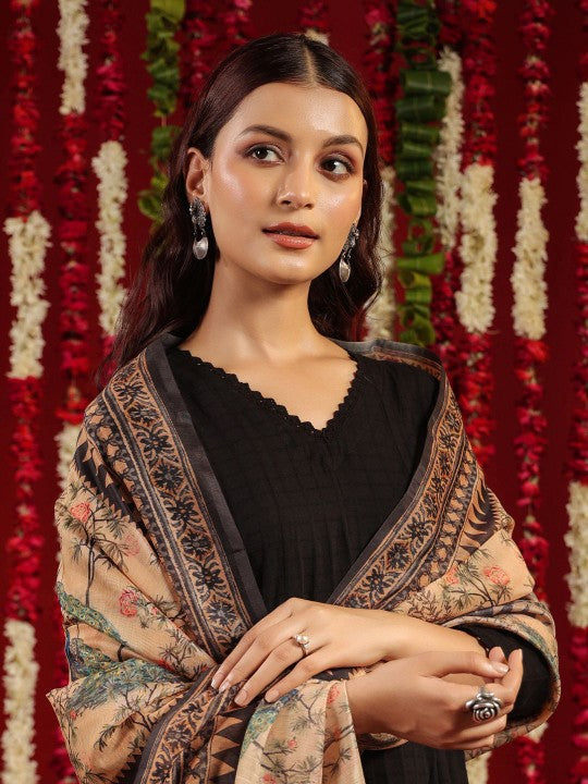 anayna Black & Orange Geometric Woven Design Cotton Anarkali Kurta with Trousers & Dupatta