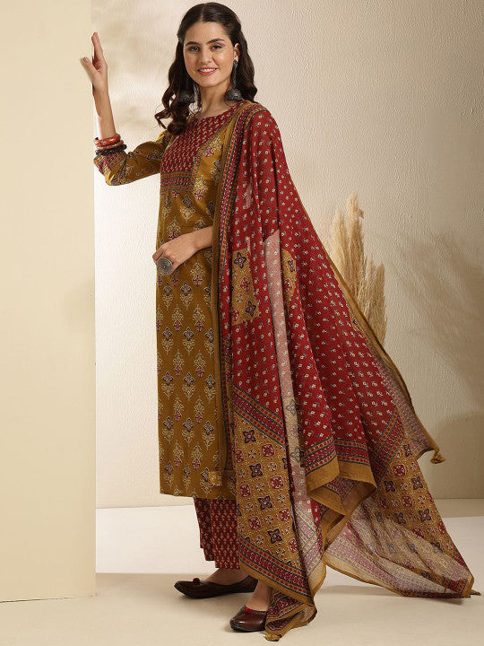 Sangria Floral Printed Pure Cotton Straight Kurta & Trousers With Dupatta