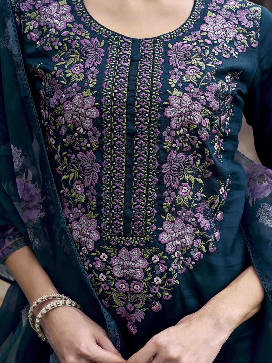 Tikhi Imli Floral Embroidered V-Neck Straight Kurta with Trousers & Dupatta