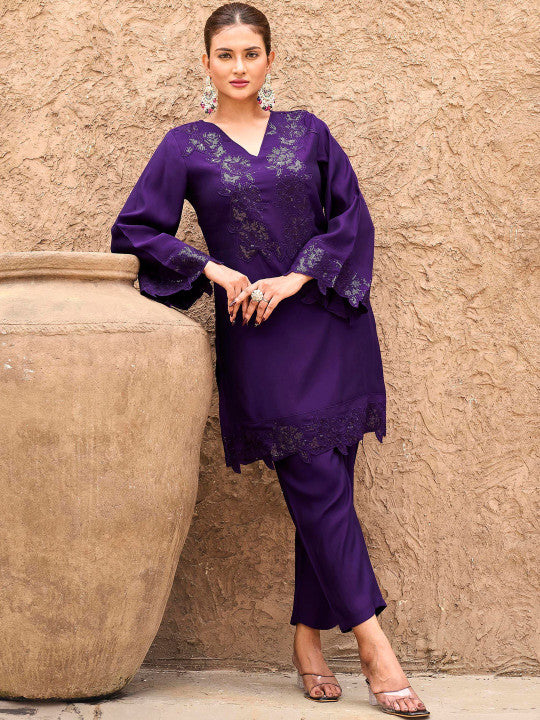 Embellished Sequinned V-Neck Tunic With Trousers