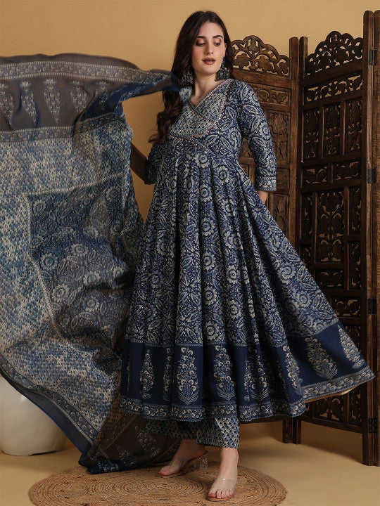 Sangria Ethnic Motifs Printed V-Neck Mirror Work Pure Cotton Kurta With Palazzo & Dupatta