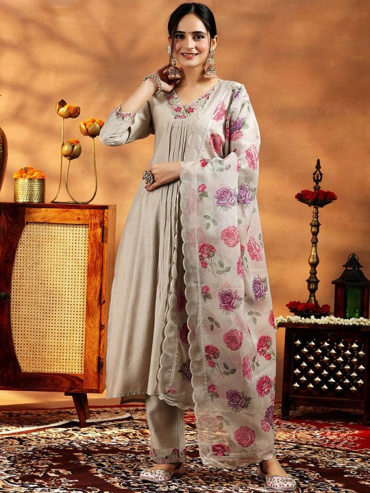 Libas Floral Yoke Design V-Neck Thread Work A-Line Kurta With Trousers And Dupatta