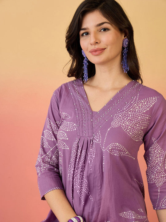 Sangria Floral Printed Beads And Stone Pure Cotton A-line Kurta With Palazzo