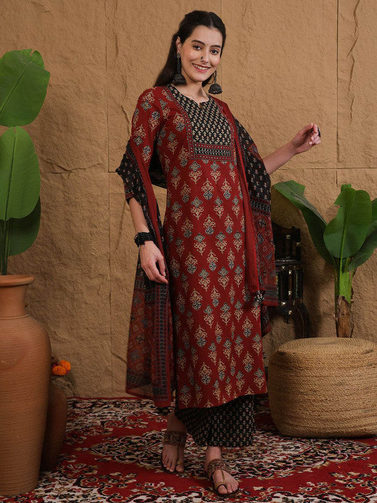 Sangria Printed Pure Cotton Round Neck Straight Kurta & Palazzo With Dupatta