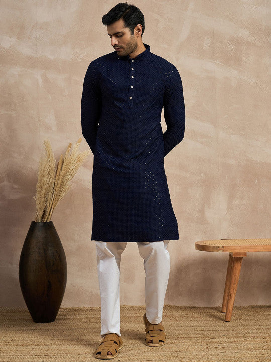 Anouk Navy Blue Geometric Embroidered Mandarin Collar Sequins Straight Kurta