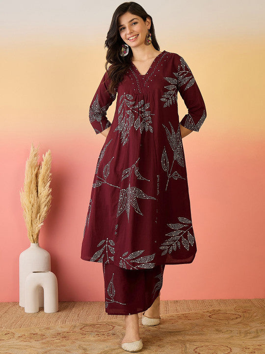 Sangria Floral Printed Beads And Stone Pure Cotton A-line Kurta With Palazzo