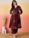 Sangria Floral Printed Beads And Stone Pure Cotton A-line Kurta With Palazzo