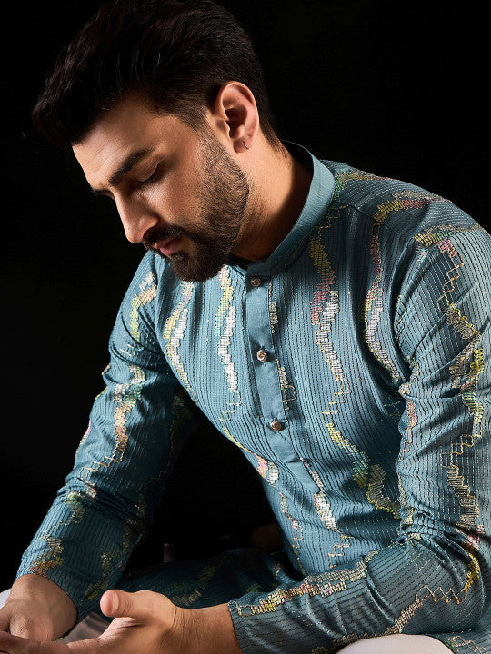 Anouk Teal Blue Geometric Gotta Patti Embroidered Mandarina Collar Straight Kurta