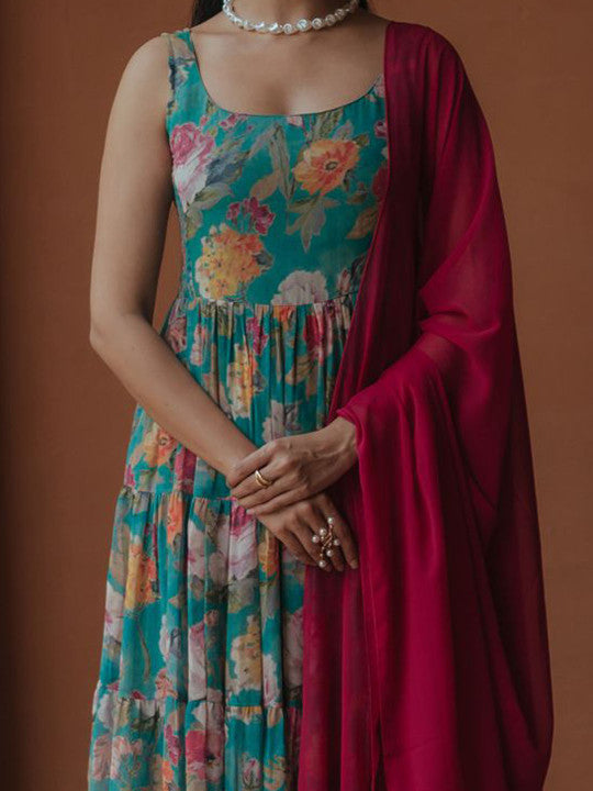 anayna Women Floral Printed Tiered Kurta with Trousers & With Dupatta