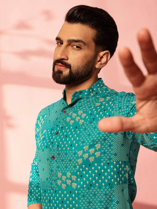 Anouk Floral Printed Band Collar Cotton Linen Straight Kurta