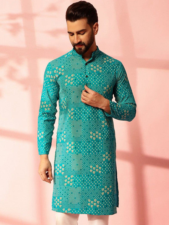 Anouk Floral Printed Band Collar Cotton Linen Straight Kurta