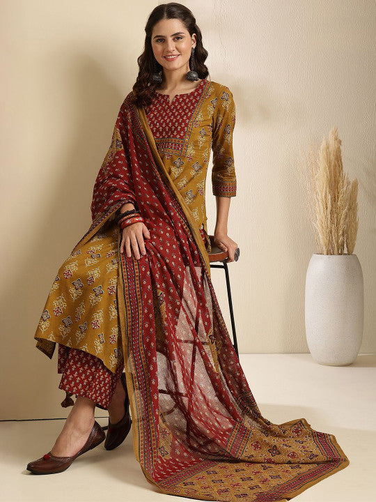 Sangria Floral Printed Pure Cotton Straight Kurta & Trousers With Dupatta