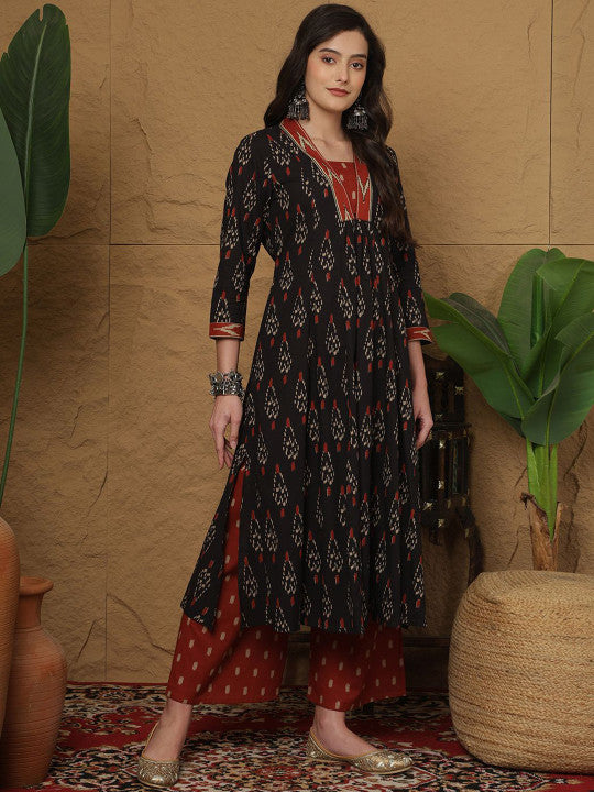 Sangria Women Ethnic Motifs Printed Cotton Anarkali Kurta with Trousers & Dupatta