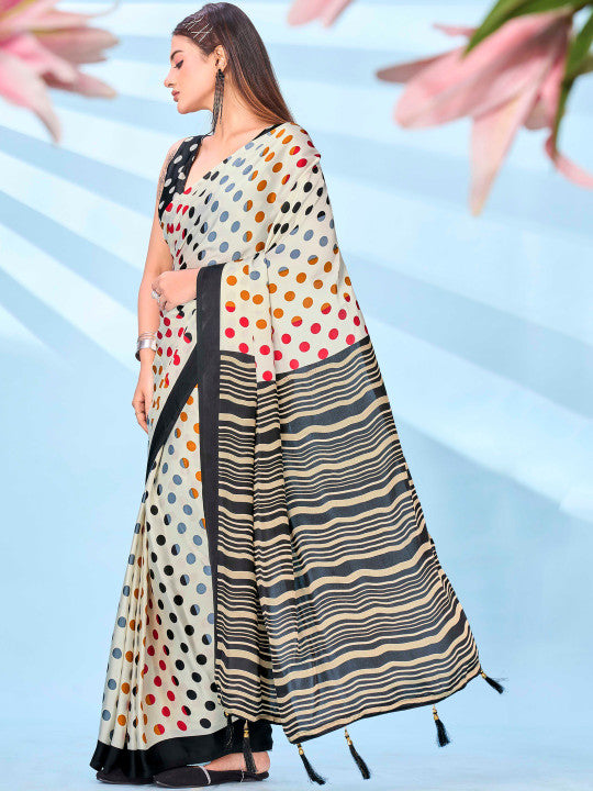 Polka Dot Satin Ready To Wear Saree With Blouse Piece