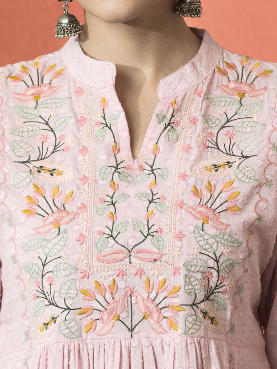 Sangria Floral Embroidered Mandarin Collar Cotton A-Line Kurta With Trouser & Dupatta