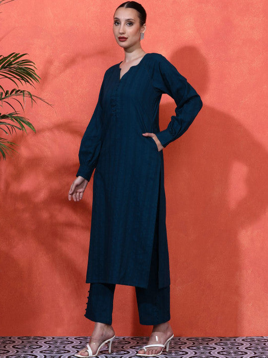 Sangria Striped Self Design Pure Cotton Kurta & Trousers Set
