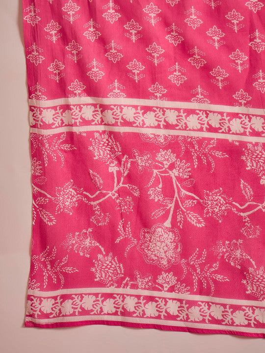 Sangria Floral Printed Mandarin Collar Pure Cotton Straight Kurta With Trouser And Dupatta