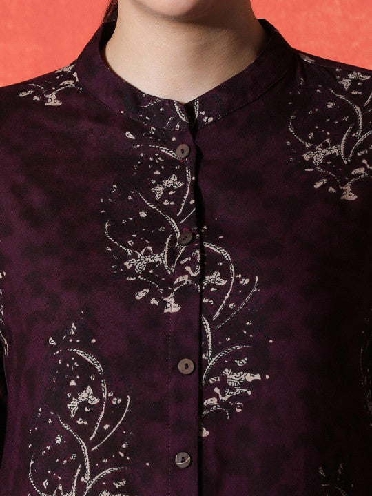 Sangria Floral Printed Mandarin Collar A-Line Kurta With Palazzos