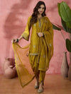 Sangria Floral Embroidered Flared Sleeves Zari Straight Kurti With Dhoti Pant & Dupatta