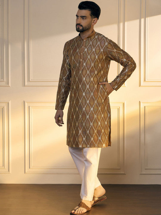 Anouk Brown Geometric Embroidered Gotta Patti Pure Cotton Straight Kurta