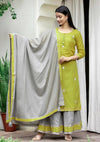 Kaajh Green Grey Embroidery Kurta Sharara Set With Dupatta